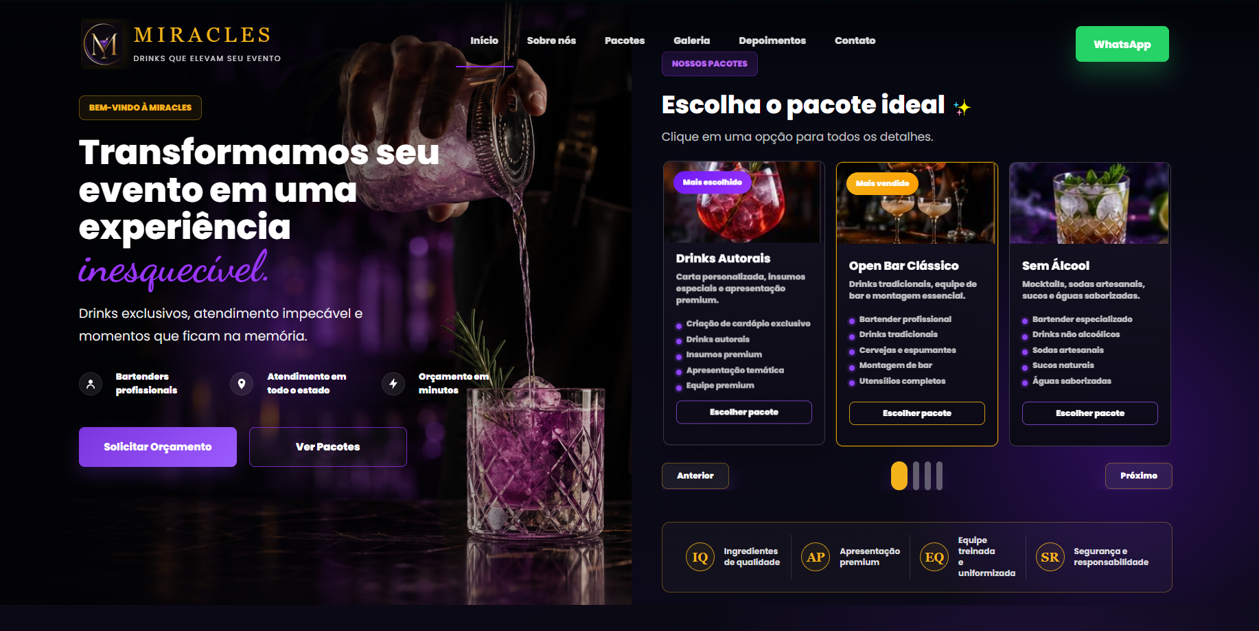 Página do projeto Miracles exibida em computador e celular
